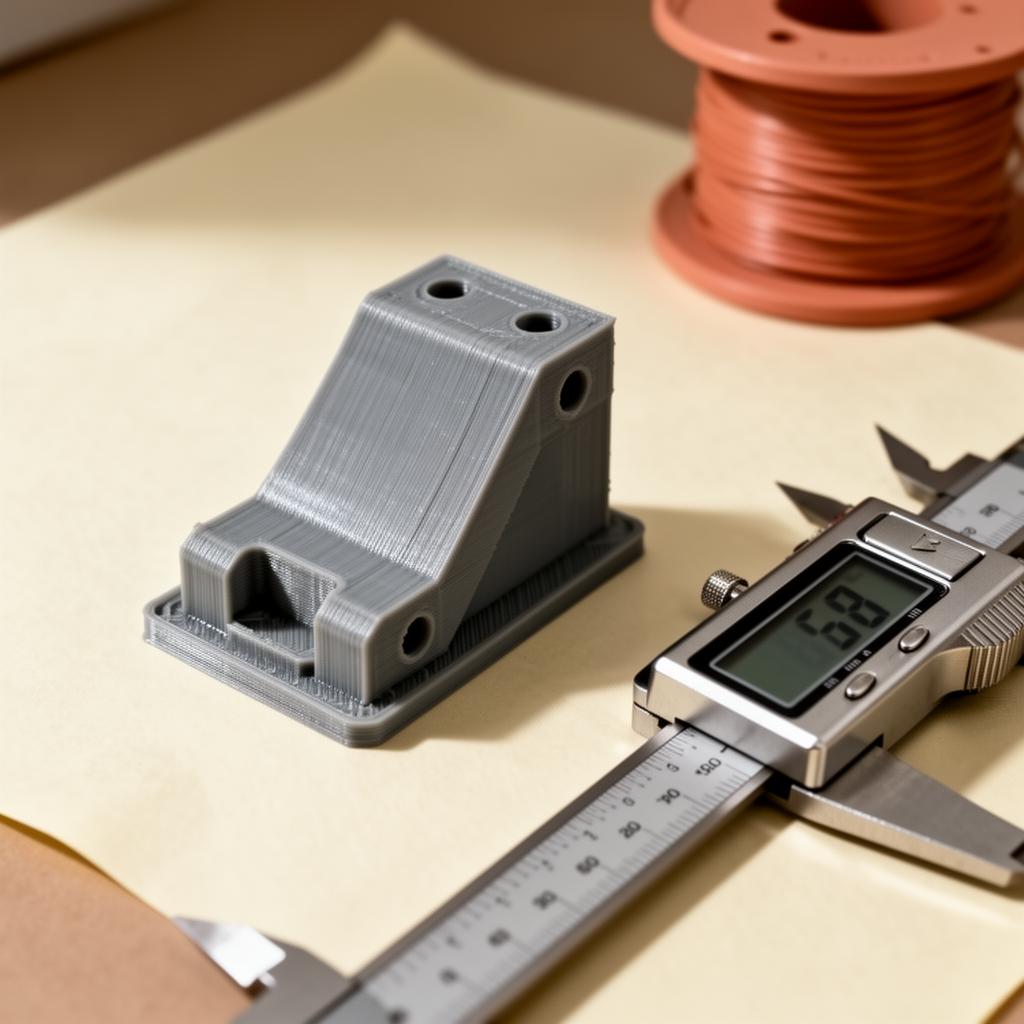 Matte grey FDM 3D printed bracket beside a digital caliper